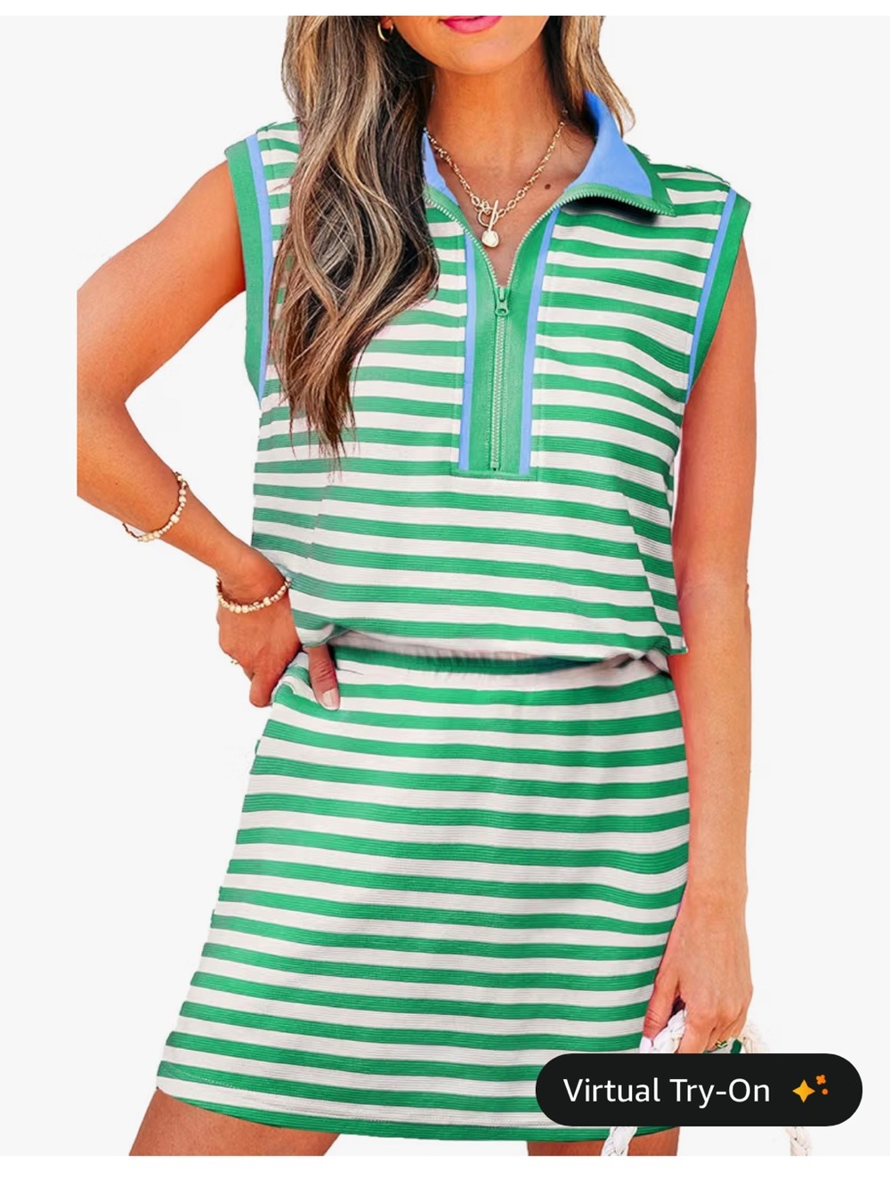 Sleeveless Green & White Striped Polo Dress with Zip Collar. Size Small.